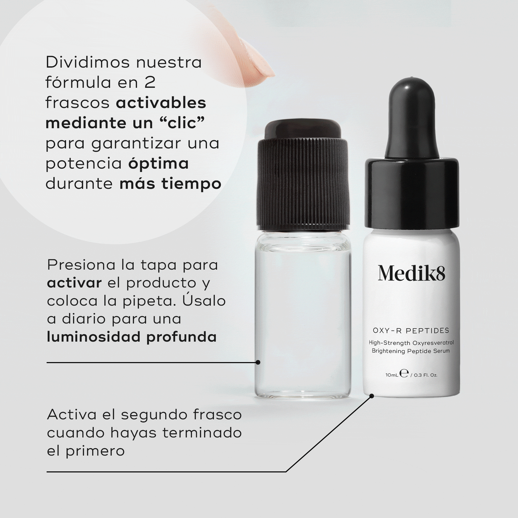 GIF: Visual de Oxy-R Peptides que muestra dos pequeños frascos del sérum. Un dedo presiona la tapa negra de un frasco transparente, dentro del cual un líquido naranja-marrón se mezcla visiblemente, indicando la activación. El segundo frasco es blanco con un cuentagotas negro y lleva la etiqueta «OXY-R PEPTIDES High-Strength Oxyresveratrol Brightening Peptide Serum». El texto indica: «Dividimos nuestra fórmula en dos frascos activados mediante clic para garantizar una potencia óptima durante más tiempo».
-hover-27