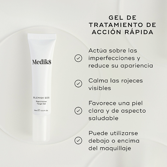 Se presenta un tubo blanco de Blemish SOS Rapid Action Target Gel. El texto lo destaca como un “GEL DE TRATAMIENTO DE ACCIÓN RÁPIDA”. Cuatro viñetas con marcas de verificación enumeran sus beneficios:

Actúa sobre las imperfecciones y reduce su apariencia
Calma el enrojecimiento visible
Favorece una piel clara y de aspecto saludable
Puede utilizarse debajo o encima del maquillaje-hover-28