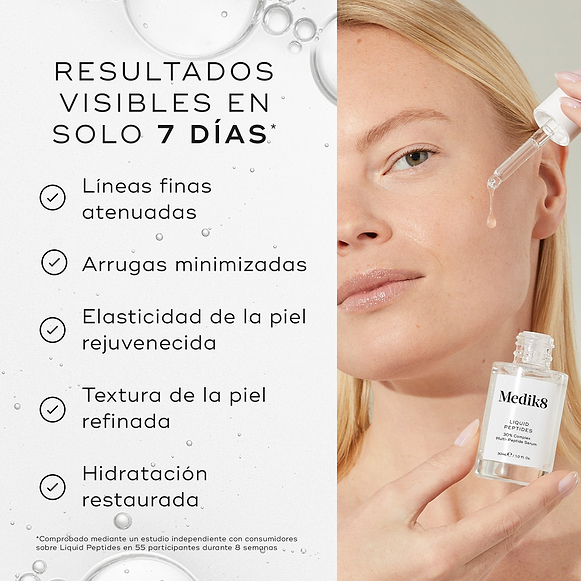 Una mujer está aplicando el sérum Liquid Peptides en el rostro con un cuentagotas. A la izquierda, el texto indica “RESULTADOS VISIBLES EN SOLO 7 DÍAS*” y enumera los beneficios:

Arrugas suavizadas
Piel con aspecto juvenil
Mejora de la firmeza de la piel
Mayor volumen y densidad en la piel
Hidratación restaurada

Una nota al pie indica que las afirmaciones han sido comprobadas mediante un estudio independiente de consumidores.-hover-14