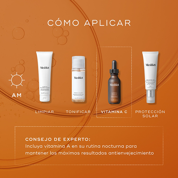 «Guía de aplicación por capas de Medik8 titulada «CÓMO APLICAR POR CAPAS», sobre un fondo naranja intenso con burbujas translúcidas de sérum. Un icono de sol matutino indica una rutina matutina de cuatro pasos, con el tercer paso resaltado en un recuadro blanco con línea discontinua:

LIMPIEZA: Tubo de Surface Radiance Cleanse de Medik8.

TONIFICACIÓN: Frasco de «Press & Glow» de Medik8.

VITAMINA C: Frasco de suero «Super C Ferulic» de Medik8.

PROTECCIÓN SOLAR: Tubo de «Advanced Day Ultimate Protect» de M-hover-9