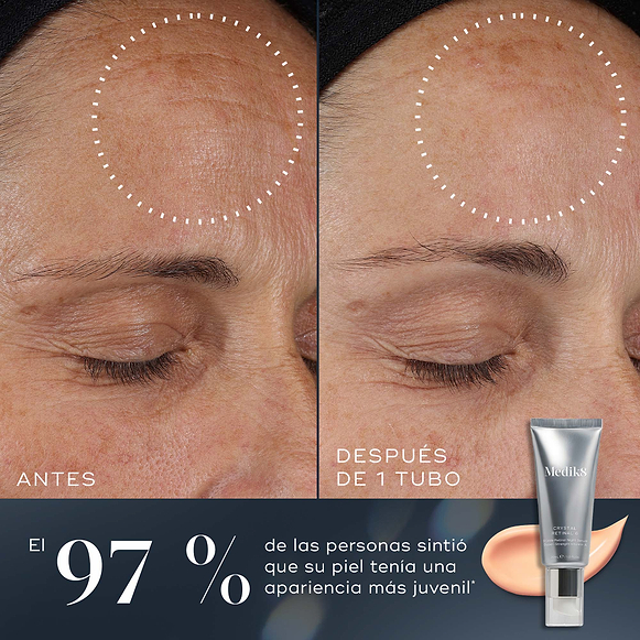97 % – Comparación de antes y después de la frente de un participante que muestra una mejora visible de la piel tras utilizar un tubo de Medik8 Crystal Retinal. El texto indica: «El 97 % de las personas sintió que su piel tenía un aspecto más juvenil».-hover-3