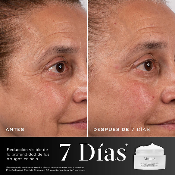7 días: Comparación de antes y después del área de los ojos de un participante durante 7 días, mostrada junto al tarro de crema Medik8 Advanced Pro-Collagen+ Peptide. El texto destaca que se ha demostrado que el producto reduce visiblemente la profundidad de las arrugas en 7 días.-hover-12