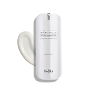 A sleek white pump bottle of r-Retinoate Day & Night stands upright, with a swirl of white cream next to it.