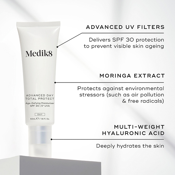 Advanced Day Total Protect is featured. Text callouts point to its key ingredients: "ADVANCED UV FILTERS" (SPF 30 protection), "MORINGA EXTRACT" (protects against environmental stressors), and "MULTI-WEIGHT HYALURONIC ACID" (deeply hydrates the skin).-hover-34