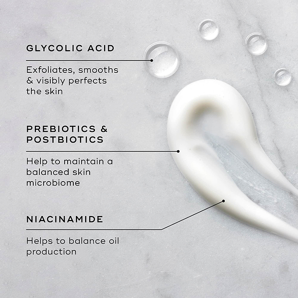 A swatch of the balance moisturiser is displayed on a textured surface, with droplets of the Glycolic Acid Activator. Text callouts highlight key ingredients: GLYCOLIC ACID exfoliates, smooths & visibly perfects the skin; PREBIOTICS & POSTBIOTICS help to maintain a balanced skin microbiome; and NIACINAMIDE helps to balance oil production.-hover-39