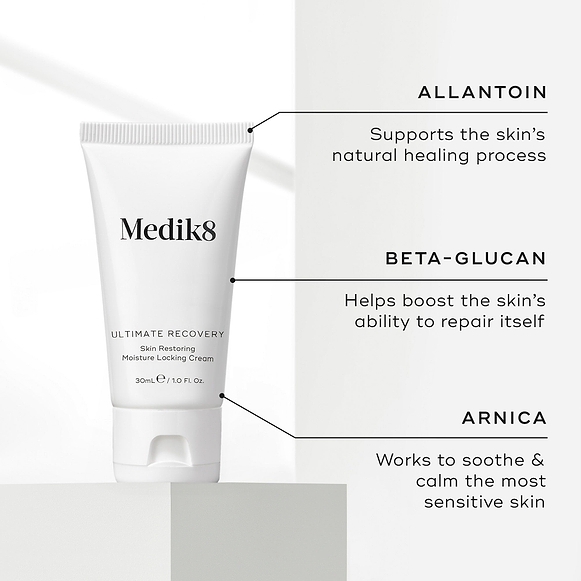A white tube of Ultimate Recovery Skin Restoring Moisture Locking Cream is featured. Text callouts highlight key ingredients: ALLANTOIN, BETA-GLUCAN, ARNICA.-hover-56