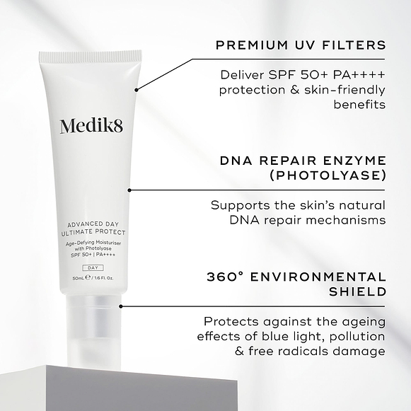 A white tube of Advanced Day Ultimate Protect is featured. Text callouts highlight key ingredients: PREMIUM UV FILTERS, DNA REPAIR ENZYME, and 360° ENVIRONMENTAL SHIELD.-hover-11