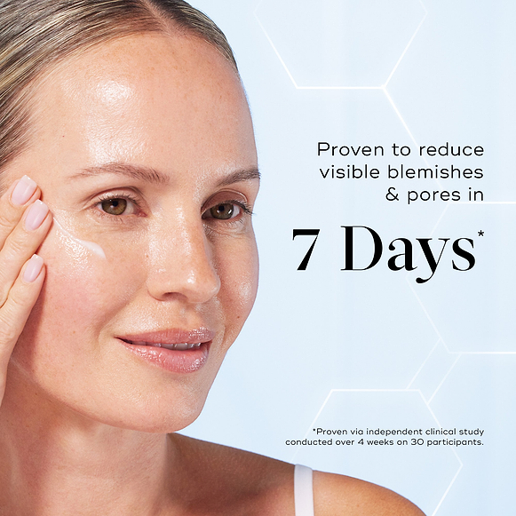 Woman applying skincare product with text claiming results in 7 days on a light blue background-hover-1