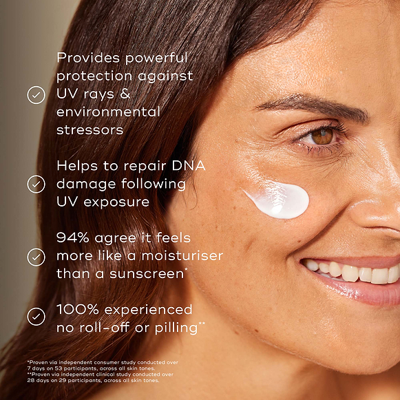Close-up of a woman's face with a white cream smear on her cheek which is medik8 advanced day ultimate protect, overlaid with marketing text about UV protection, DNA repair, moisturizing feel, and no roll-off or pilling.-hover-3