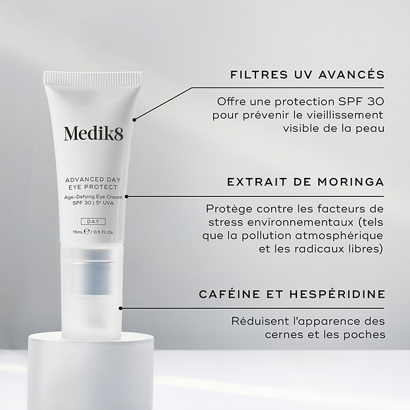 Le tube Advanced Day Eye Protect se tient sur un socle blanc. Le texte met en avant les filtres UV avancés pour une protection SPF 30, l’extrait de moringa pour protéger contre les agressions environnementales, et la caféine & l’hespéridine pour réduire les cernes et les poches.-hover-23