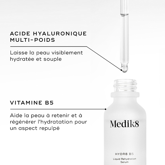 Gros plan du flacon de sérum Medik8 Hydr8 B5 avec son compte-gouttes et le liquide clair. Le texte met en avant les ingrédients clés : « ACIDE HYALURONIQUE MULTI-POIDS laisse la peau visiblement hydratée et souple » et « VITAMINE B5 aide la peau à retenir et régénérer l’humidité pour un aspect plus repulpé ».-hover-5
