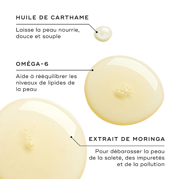 Trois gouttes d’huile présentent les ingrédients clés. Le texte met en avant l’huile de carthame pour la nutrition, l’oméga-6 pour l’équilibre lipidique et l’extrait de moringa pour éliminer les impuretés et la pollution-hover-6