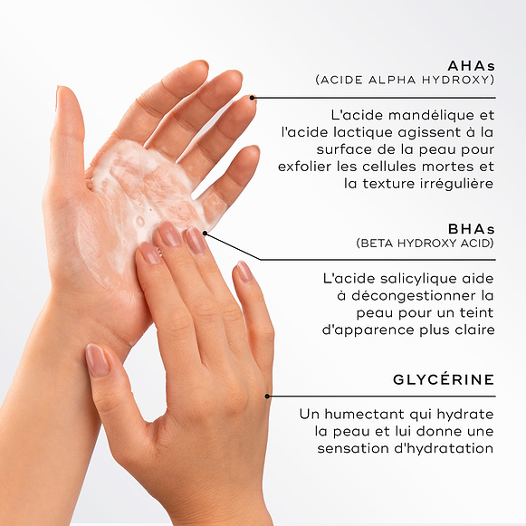 Gros plan de mains faisant mousser une mousse légère, mettant en avant les ingrédients clés du Medik8 Surface Radiance Cleanse. Le texte décrit les AHA (acide mandélique et acide lactique) pour une exfoliation de surface, les BHA (acide salicylique) pour désobstruer les pores, ainsi que la glycérine pour hydrater et maintenir l’hydratation de la peau.-hover-18
