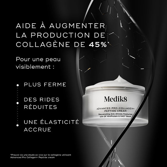 Un pot de crème Medik8 Advanced Pro-Collagen+ Peptide Cream sur fond noir avec des graphismes structurels abstraits. Le texte indique que le produit aide à augmenter la production de collagène de 45 % pour une peau visiblement plus ferme, des rides réduites et une élasticité accrue.-hover-37