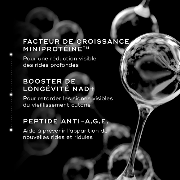 Graphismes cellulaires abstraits sur fond noir mettant en avant les ingrédients clés de la Medik8 Advanced Pro-Collagen+ Peptide Cream. Le texte détaille les bienfaits du Growth Factor Miniprotein, du NAD+ Longevity Booster et du Peptide Anti-A.G.E. pour la réduction des rides.-37