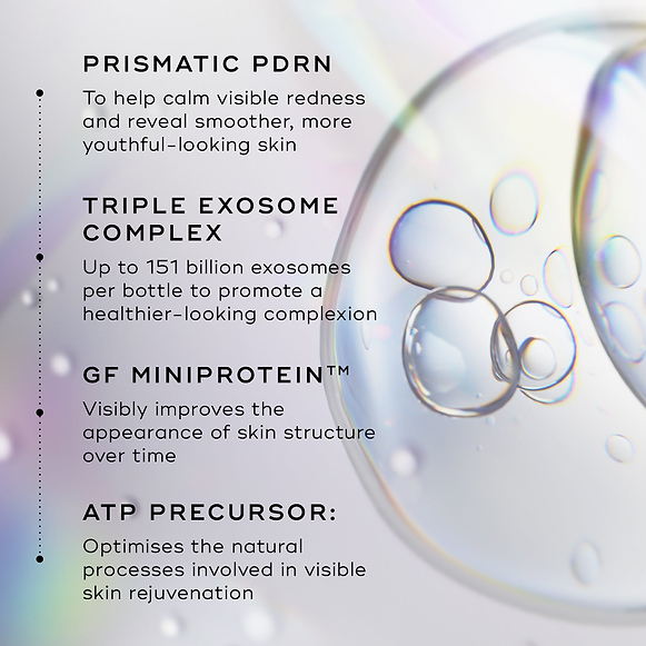 Close-up of clear liquid bubbles on a holographic background. Text lines highlight key ingredients: Prismatic PDRN to help soothe visible redness and reveal smoother, younger-looking skin; Triple Exosome Complex with up to 151 billion exosomes per bottle to promote a healthier-looking complexion; GF MiniProtein™ to visibly redefine skin structure over time; and ATP Precursor to optimize natural processes involved in visible skin rejuvenation.-hover-3