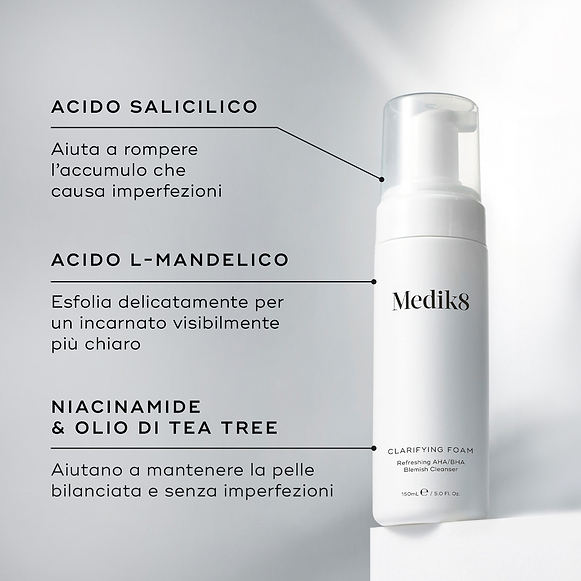 Flacone con erogatore di Medik8 Clarifying Foam posizionato su un blocco bianco su uno sfondo grigio pulito. Il testo evidenzia gli ingredienti chiave: Acido Salicilico per eliminare le impurità che causano le imperfezioni, L-Mandelic Acid per una delicata esfoliazione e un incarnato purificato, e Niacinamide & Olio di Tea Tree per aiutare a mantenere la pelle equilibrata e senza imperfezioni.-hover-23
