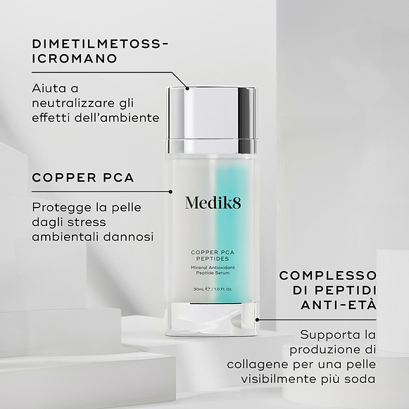 Flacone trasparente di siero Copper PCA Peptides in primo piano. Testi in evidenza indicano gli ingredienti chiave: DIMETHYLMETHOXY CHROMANOL, COPPER PCA, COMPLESSO DI PEPTIDI ANTI-ETÀ.-hover-38