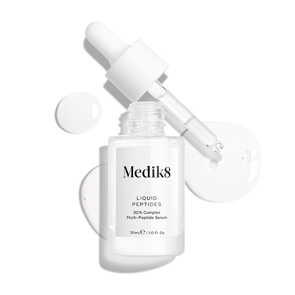 Flacone trasparente in vetro di siero Liquid Peptides presentato con la pipetta rimossa e appoggiata accanto, con gocce di siero visibili a mostrare la consistenza.