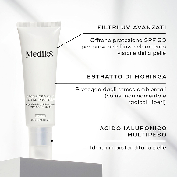 Prodotto Medik8 Advanced Day Total Protect con testo sui filtri UV avanzati e sugli ingredienti.-hover-3