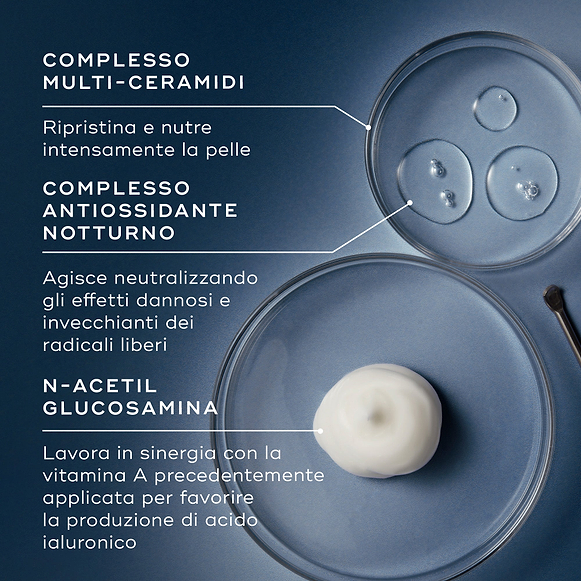 Una presentazione degli ingredienti su sfondo blu con tre piastre di Petri contenenti liquidi trasparenti e una noce di crema bianca. Delle linee le collegano a un testo che spiega il Multi-Ceramide Complex, il Midnight Antioxidant Complex e la N-Acetyl Glucosamine.