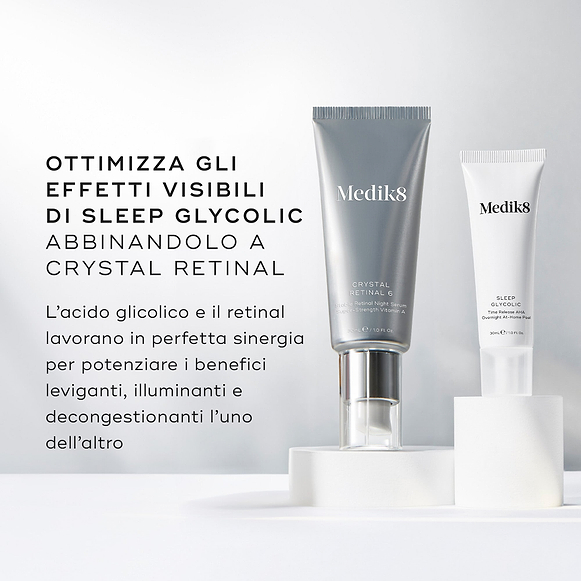 I flaconi Medik8 Crystal Retinal 6 e Sleep Glycolic si trovano affiancati su blocchi espositivi bianchi. Il testo in italiano consiglia di ottimizzare gli effetti visibili di Sleep Glycolic abbinandolo a Crystal Retinal, spiegando che l'acido glicolico e il retinal lavorano in perfetta sinergia per potenziare i reciproci benefici leviganti, illuminanti e decongestionanti.-hover-6