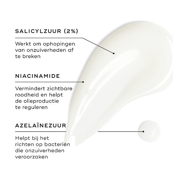 Een swatch van Medik8 Blemish SOS wordt getoond op een witte ondergrond, met een kleine druppel ernaast. Tekstuele call-outs benadrukken de belangrijkste ingrediënten: salicylzuur (2%) dat helpt bij het afbreken van ophopingen die puistjes veroorzaken, niacinamide dat zichtbare roodheid vermindert en de talgproductie helpt reguleren, en azelaïnezuur dat zich richt op bacteriën die puistjes kunnen veroorzaken.-hover-9