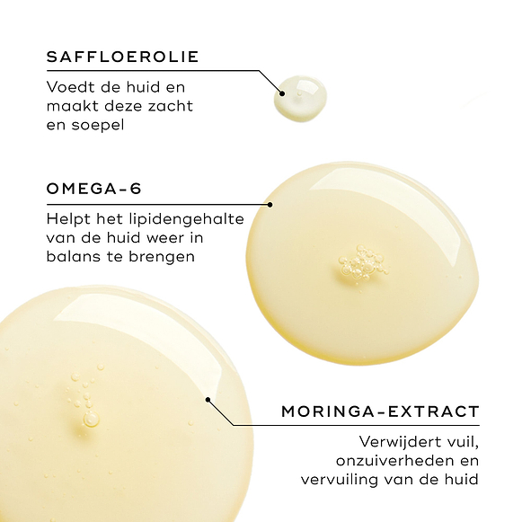 Drie oliedruppels tonen de belangrijkste ingrediënten. De tekst benadrukt saffloerolie voor voeding, omega-6 voor het in balans brengen van de lipiden en moringa-extract om onzuiverheden en vervuiling te helpen verwijderen.-hover-28