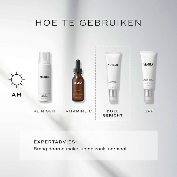 Een "Hoe te lagen"-schema voor een AM-routine (ochtend). De stappen bestaan uit Reinigen (Calmwise Soothing Cleanser), Vitamine C (C-Tetra Luxe), Doelgerichte verzorging (Calmwise Colour Correct) en Zonnebrandcrème (Advanced Day Ultimate Protect).-hover-15