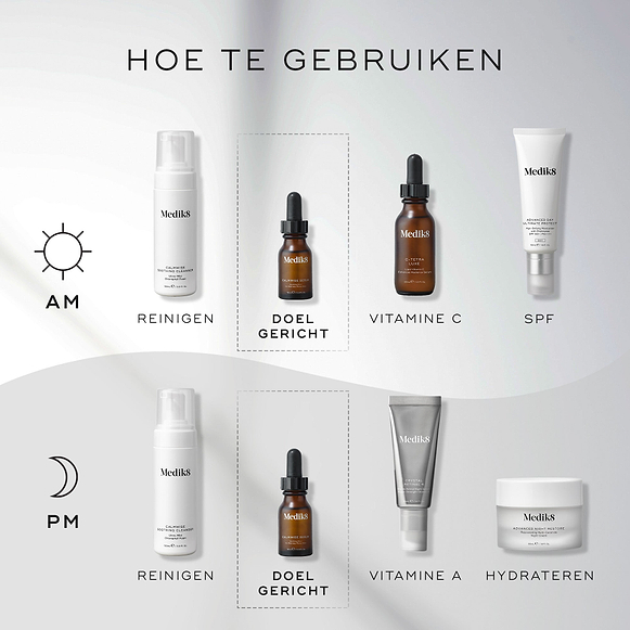 Een "Hoe te lagen"-schema voor huidverzorgingsroutines. De AM-routine (ochtend) omvat Reinigen (Calmwise Soothing Cleanser), Doelgerichte verzorging (Calmwise Serum), Vitamine C (C-Tetra) en Zonnebrandcrème (Advanced Day Ultimate Protect). De PM-routine (avond) bestaat uit Reinigen (Calmwise Soothing Cleanser), Doelgerichte verzorging (Calmwise Serum), Vitamine A (Crystal Retinal) en Hydrateren (Advanced Night Restore).-hover-16