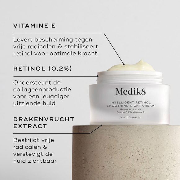 Close-up van Intelligent Retinol Smoothing Night Cream, waarbij een witte pot met crème zichtbaar is en labels naar ingrediënten wijzen. De achtergrond is een lichte, gestructureerde ondergrond. Tekstvakken benadrukken VITAMINE E, RETINOL (0,2%) en DRAGONFRUIT-EXTRACT.-hover-27