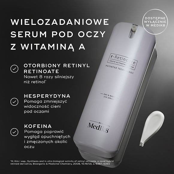 Biała butelka z pompką r-Retinoate Day & Night Eye Serum jest przedstawiona z opisami kluczowych składników: enkapsulowany retinyl retinoate, hesperydyna oraz kofeina. Przypis dolny zawiera odniesienie źródłowe dla twierdzenia dotyczącego retinolu.
-hover-33