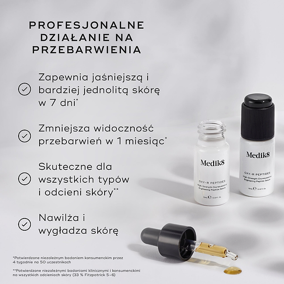 Dwie małe białe butelki Oxy-R Peptides są zaprezentowane na jasnym tle z kroplami żółtego serum. Tekst podkreśla „PROFESJONALNA MOC DZIAŁANIA NA PRZEBARWIENIA”. Wypisane korzyści obejmują: jaśniejszą i bardziej wyrównaną skórę już w 7 dni, redukcję widocznych ciemnych plam w 1 miesiąc, skuteczność dla wszystkich typów i odcieni skóry oraz działanie nawilżające i wygładzające cerę.
-hover-35