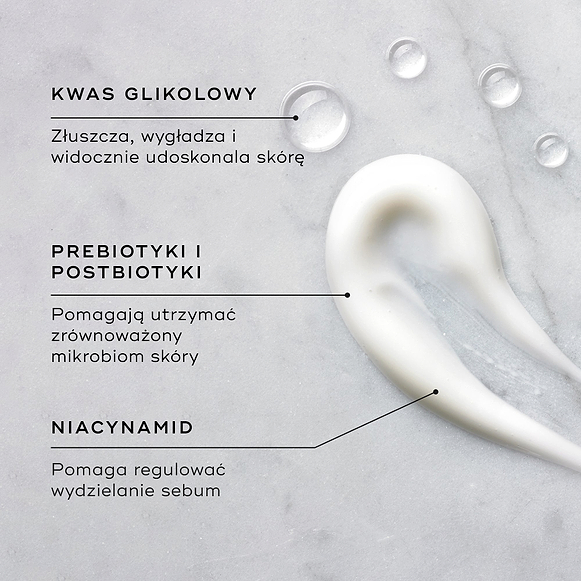Na teksturowanej powierzchni widoczna jest próbka kremu nawilżającego, obok której znajdują się krople Aktywatora z kwasem glikolowym. W podpisach podkreślono kluczowe składniki: KWAS GLIKOLOWY złuszcza, wygładza i widocznie poprawia wygląd skóry; PREBIOTYKI I POSTBIOTYKI pomagają utrzymać równowagę mikrobiomu skóry; a NIACYNAMID pomaga wyrównać wydzielanie sebum.-hover-6