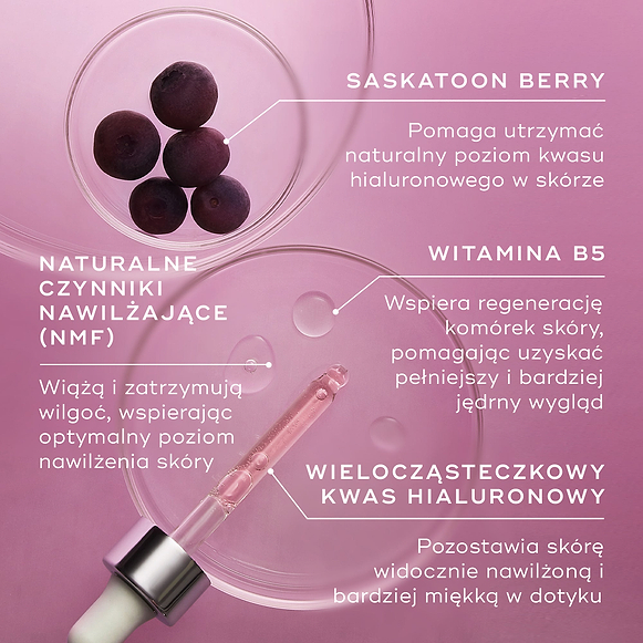 Zbliżenie kluczowych składników Medik8 Hydr8 B5 Intense przedstawione na fioletowym tle z szalkami Petriego i pipetą. Tekst wskazuje: Saskatoon Berry wspierającą utrzymanie naturalnego poziomu kwasu hialuronowego, witaminę B5 wspomagającą regenerację komórek skóry, Natural Moisturising Factors (NMF), które wiążą i zatrzymują wilgoć, oraz wielocząsteczkowy kwas hialuronowy, który pozostawia skórę widocznie nawilżoną i elastyczną.
-hover-9