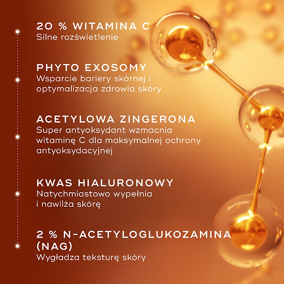 Schemat molekularny kluczowych składników preparatu Medik8 C-Tetra Advanced, z zaznaczonymi 20% witaminą C, fitoegzosomami, acetylo-zingeronem, kwasem hialuronowym oraz N-acetyloglukozaminą (NAG), które zapewniają rozjaśnienie, nawilżenie i wzmocnienie bariery ochronnej skóry.-hover-2