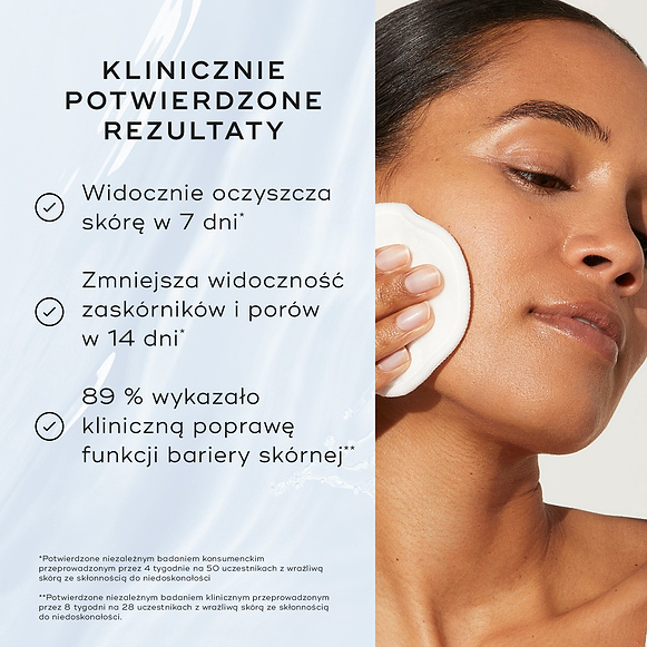Modelka aplikuje tonik przy użyciu płatka kosmetycznego, obok widoczna jest lista „Proven Results”, obejmująca: „7 days to clarified, healthier-looking skin*” oraz „38% reduction in visible blemishes**”.
-hover-3