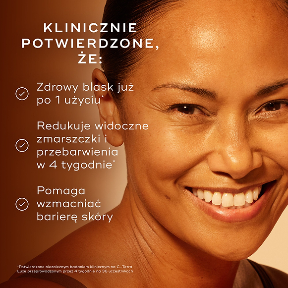 Zbliżenie na twarz osoby poddawanej aplikacji produktu za pomocą szklanej pipety, na ciemnym, ciepłym tle. Tekst informuje, że produkt jest „KLINICZNIE POTWIERDZONY”, a poniżej znajdują się trzy korzyści oznaczone ikonami „check”: „Nadaje skórze zdrowy blask już po 1 użyciu*”, „Redukuje widoczność zmarszczek i hiperpigmentacji w 4 tygodnie*” oraz „Widocznie rozświetla i zapewnia głębokie odżywienie”. Przypis na dole informuje, że wyniki zostały potwierdzone w niezależnym badaniu klinicznym C-Tetra Luxe prze-hover-14