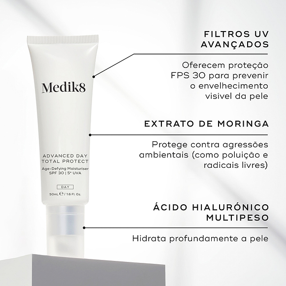 O tubo Advanced Day Total Protect assenta num pedestal branco contra um fundo cinza claro. Linhas de texto destacam os ingredientes-chave: Filtros UV Avançados para proteção FPS 30 contra o envelhecimento visível, Extrato de Moringa para proteger contra agressões ambientais como poluição e radicais livres, e Ácido Hialurónico Multipeso para hidratar profundamente a pele.-hover-2