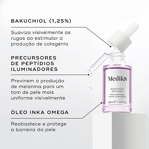 Frasco de sérum Medik8 Bakuchiol Peptides com um conta-gotas suspenso dispensando líquido contra um fundo branco. O texto em português destaca os ingredientes principais: Bakuchiol (1,25%) para suavizar visivelmente as rugas ao estimular a produção de colagénio, Precursores de Peptídios Iluminadores para prevenir a produção de melanina para um tom de pele mais uniforme visivelmente, e Óleo Inka Omega para reabastecer e proteger a barreira da pele.-hover-2