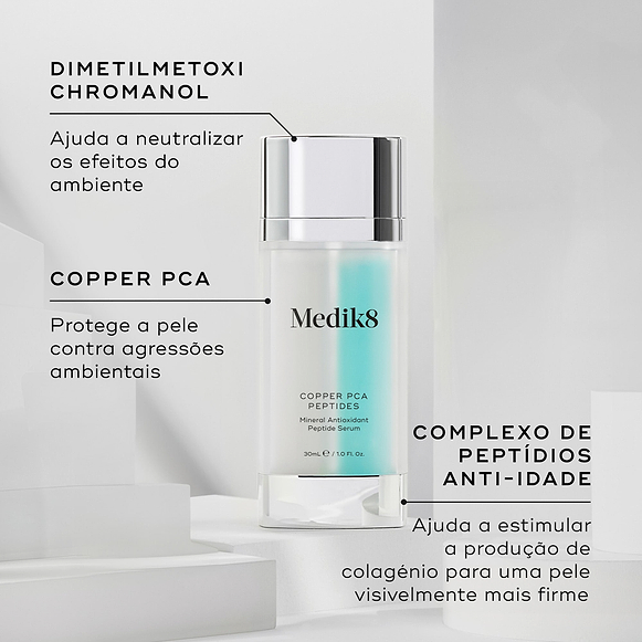 Frasco de sérum de câmara dupla Medik8 Copper PCA Peptides assenta em blocos de exibição brancos contra um fundo claro. O texto em português destaca os ingredientes principais: Dimetilmetoxi Chromanol para ajudar a neutralizar os efeitos do ambiente, Copper PCA para proteger a pele contra agressões ambientais, e Complexo de Peptídios Anti-Idade para ajudar a estimular a produção de colagénio para uma pele visivelmente mais firme.-hover-19