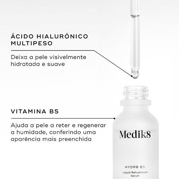 Close-up do frasco Hydr8 B5 aberto com o conta-gotas dispensando líquido. Linhas de texto destacam os ingredientes-chave: Ácido Hialurónico Multipeso para deixar a pele visivelmente hidratada e suave, e Vitamina B5 para ajudar a pele a reter e regenerar a humidade para uma aparência mais preenchida.-hover-15