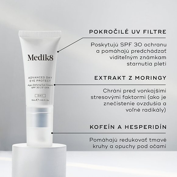 Tuba krému Advanced Day Eye Protect stojí na bielom podstavci. Text zvýrazňuje pokročilé UV filtre pre ochranu SPF 30, extrakt z moringy na ochranu pred environmentálnymi stresormi a kofeín s hesperidínom na zmiernenie tmavých kruhov a opuchov v okolí očí.
-hover-26