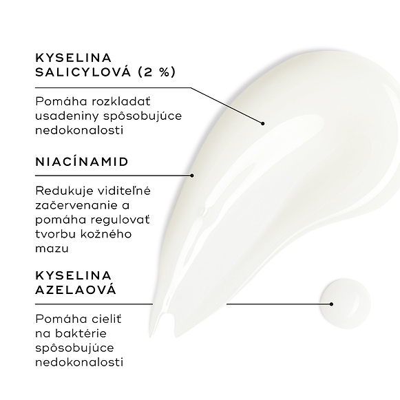 Vzorka Blemish SOS je zobrazená na bielom povrchu spolu s malou kvapkou. Textové popisky zvýrazňujú kľúčové zložky: kyselina salicylová (2 %) pomáha rozkladať usadeniny spôsobujúce nedokonalosti; niacínamid znižuje viditeľné začervenanie a pomáha regulovať tvorbu kožného mazu; a kyselina azelaová pomáha cieliť baktérie spôsobujúce nedokonalosti.
-hover-37