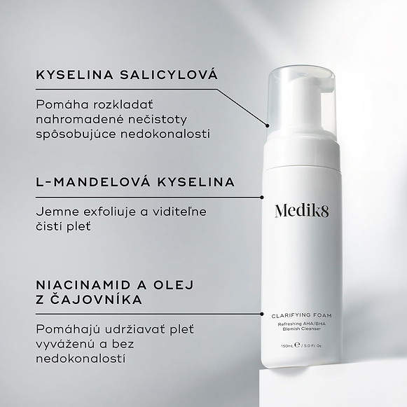 Fľaša s dávkovacím čerpadlom s čistiacou penou Medik8 stojí na bielom podstavci pred čistým sivým pozadím. Text vyzdvihuje kľúčové zložky: kyselinu salicylovú, ktorá rozkladá usadeniny spôsobujúce nedokonalosti pleti, kyselinu L-mandľovú pre jemné exfoliáciu a vyjasnenú pleť, a niacinamid a olej z čajovníka, ktoré pomáhajú udržiavať vyváženú pleť bez nedokonalostí.-hover-27