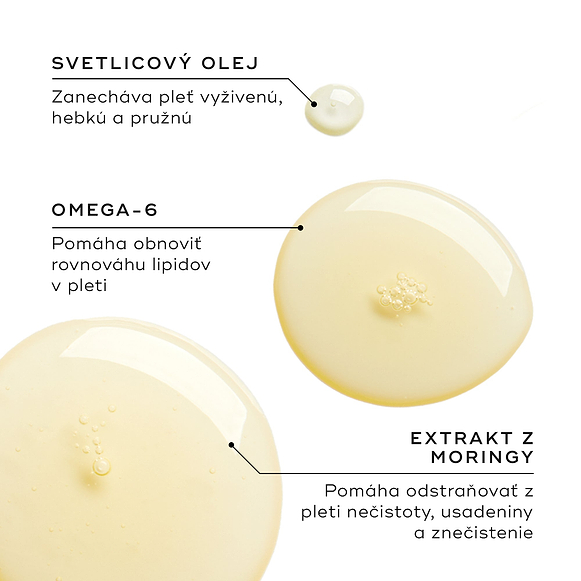 Tri kvapky oleja zobrazujú kľúčové zložky. Text zvýrazňuje svetlicový olej (Safflower Oil) pre výživu, omega-6 pre rovnováhu lipidov a extrakt z moringy na odstraňovanie nečistôt a znečistenia.
-hover-31