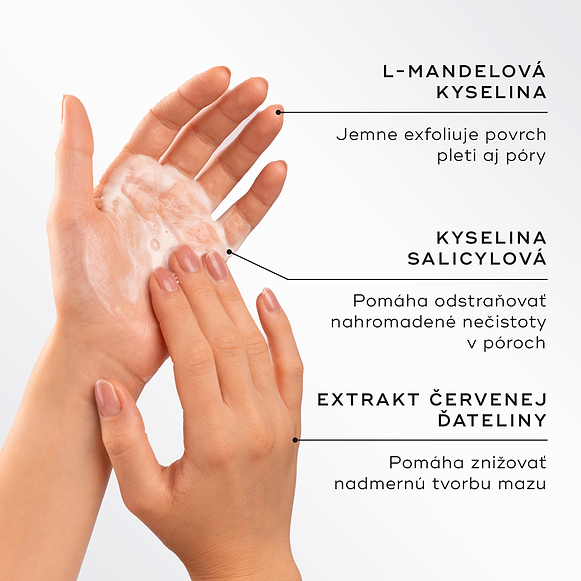 Fotografia dvoch rúk, ktoré napenujú čistiaci gél, je zobrazená vedľa textu s kľúčovými zložkami, kde sa vyzdvihuje kyselina L-mandľová na exfoliáciu, kyselina salicylová na odstránenie nečistôt a extrakt z červenej dateliny na minimalizáciu nadbytočného kožného mazu.-hover-36