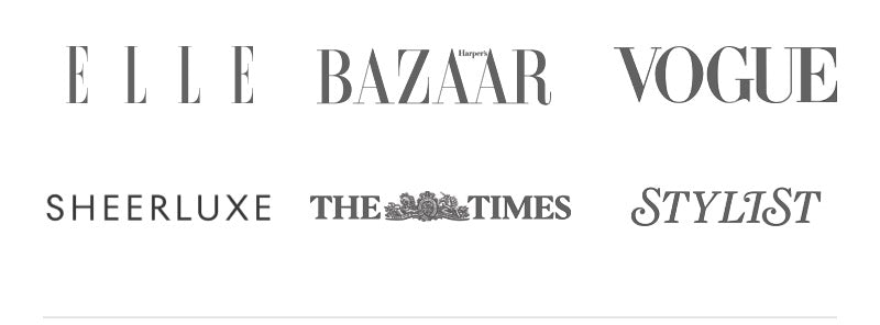 Logá časopisov ELLE, Harper’s Bazaar, Vogue, SheerLuxe, The Times a Red: tmavosivé logá na bielom pozadí – ELLE, Harper’s Bazaar, Vogue a The Times v serifovom písme (The Times s erbom uprostred), SheerLuxe v modernom bezserifovom písme a Red v kurzíve.