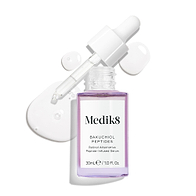 A purple glass dropper bottle of Bakuchiol Peptides serum, with its dropper removed. A swirl of the serum is shown, emphasising the product's texture.