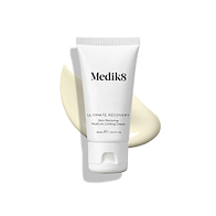 Medik8 Ultimate Recovery Skin Restoring Moisture Locking Cream tube displayed on a white background with a large, creamy swatch of the product visible behind it.